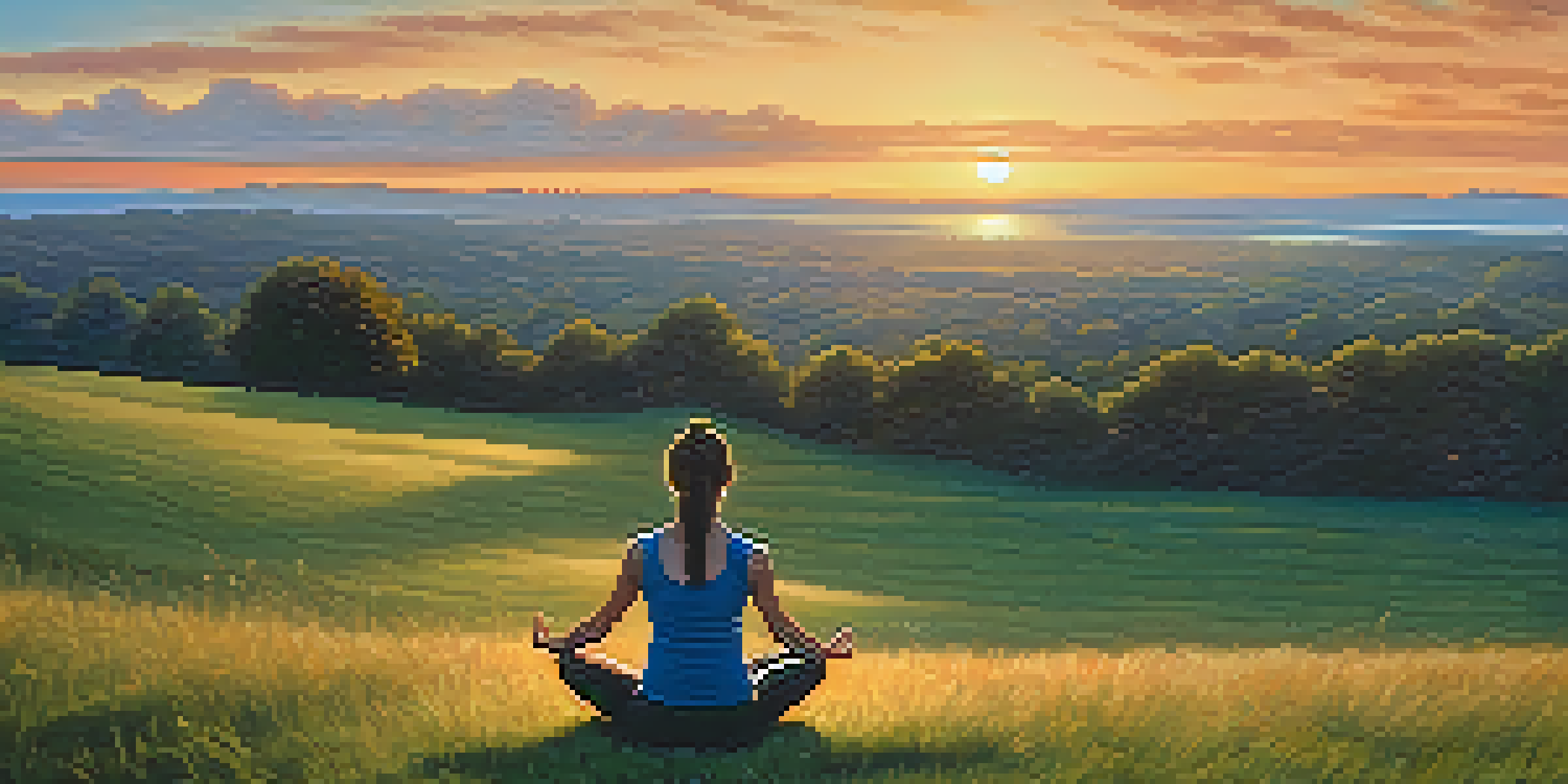 A person practicing yoga on a hill at sunset, with a scenic skyline view.