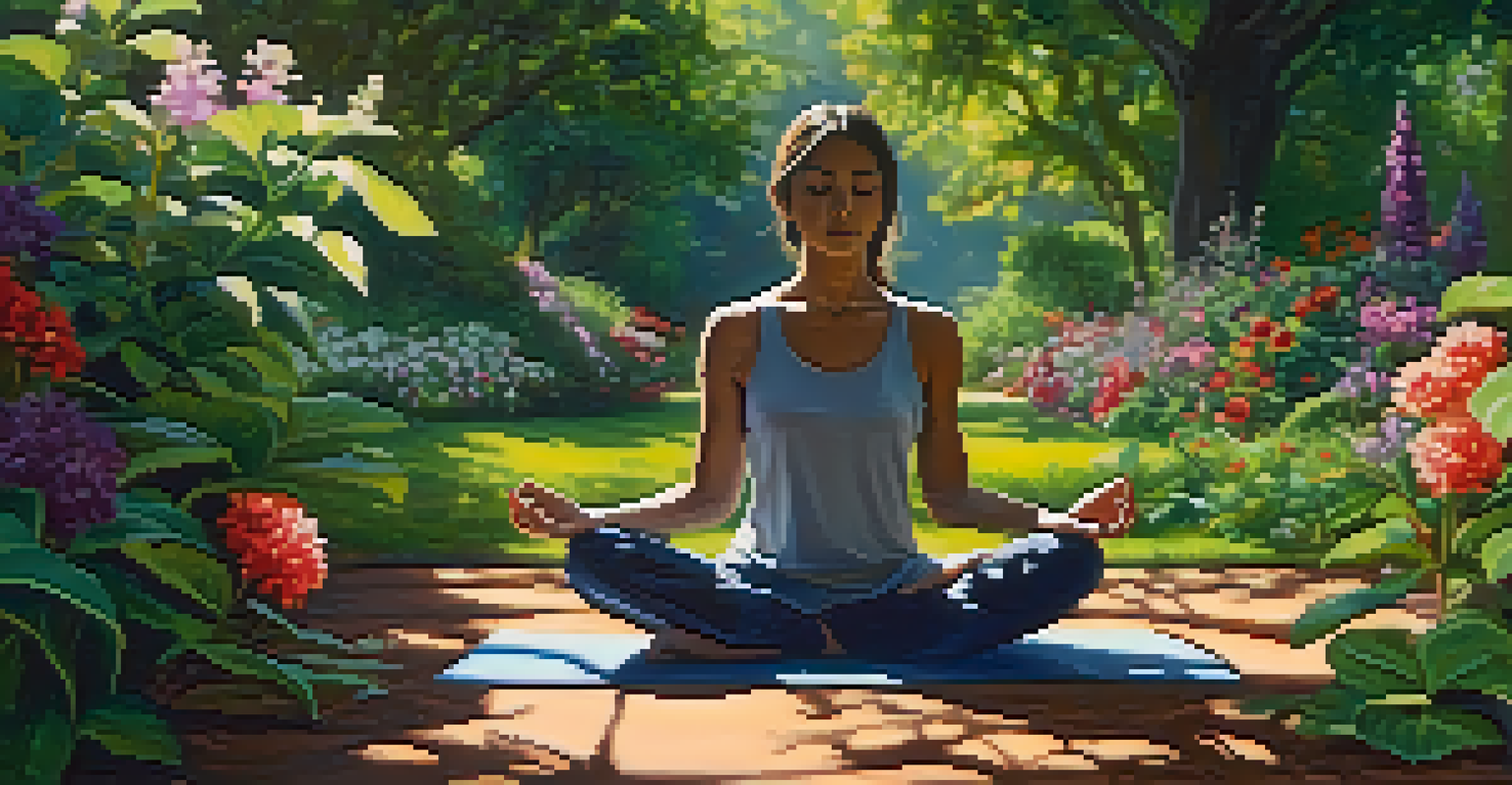 A person meditating in a colorful garden, surrounded by flowers and greenery, with sunlight filtering through the leaves.