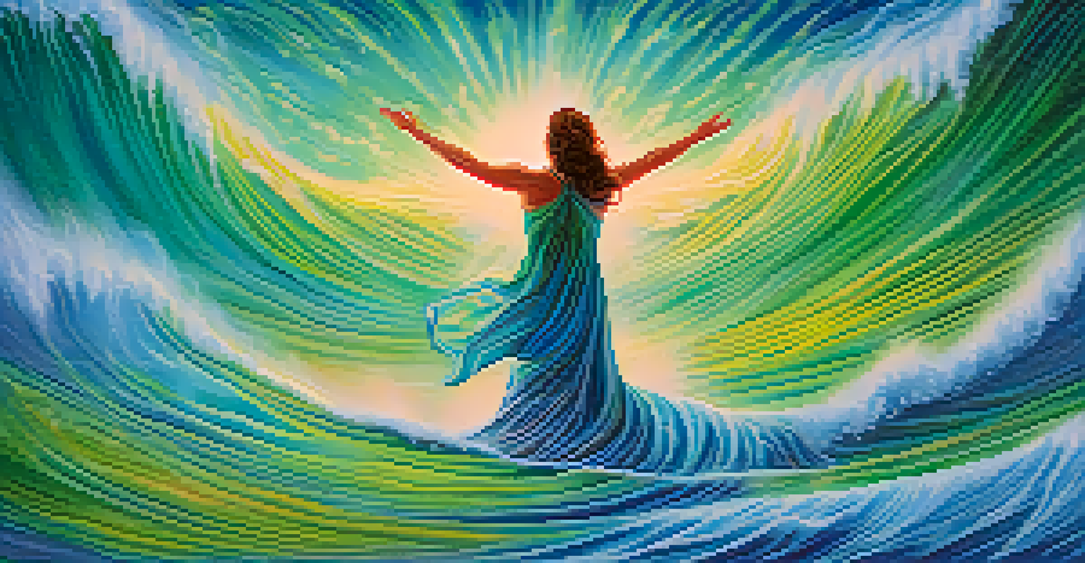 An artistic representation of breath as colorful waves of energy flowing from a person's heart and lungs, against a calming blue and green background.
