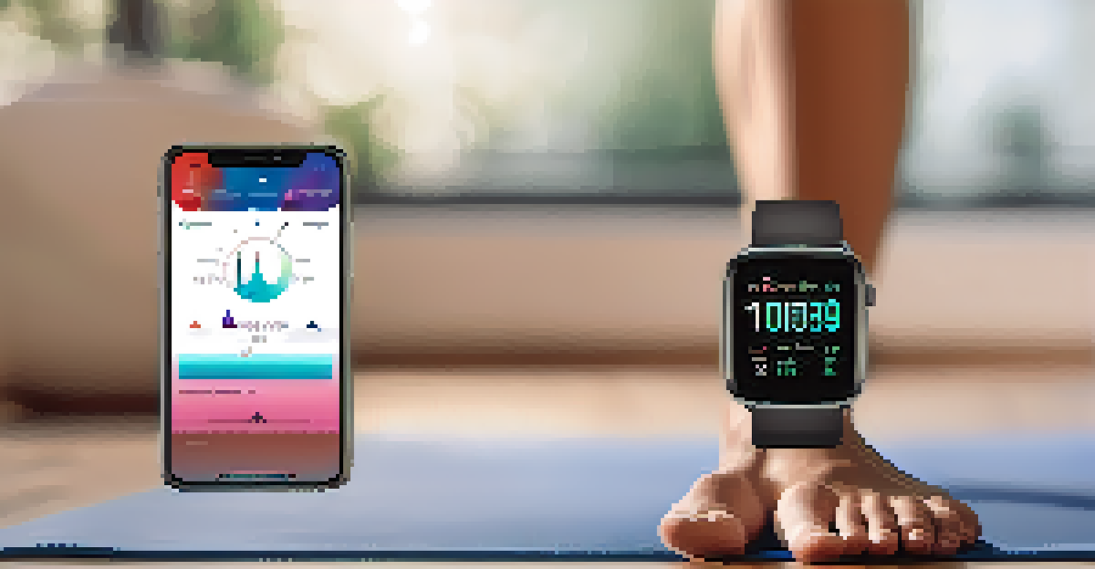 A close-up of a smartwatch showing fitness metrics on a yoga mat during a yoga practice.