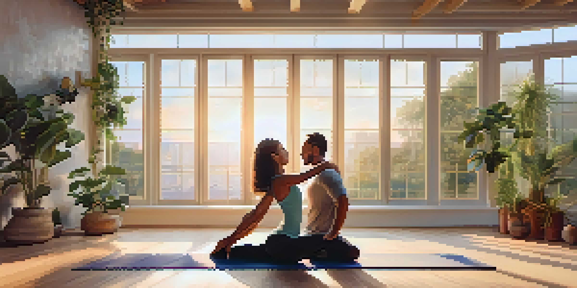 A couple practicing partner yoga in a bright and inviting studio filled with plants and natural light.