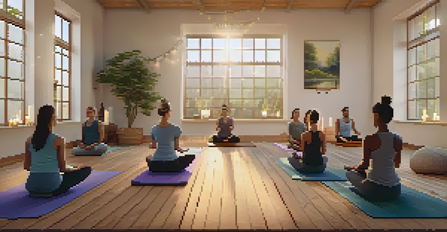 A yoga instructor demonstrating a pose to students in a cozy studio filled with mats and soft lighting.