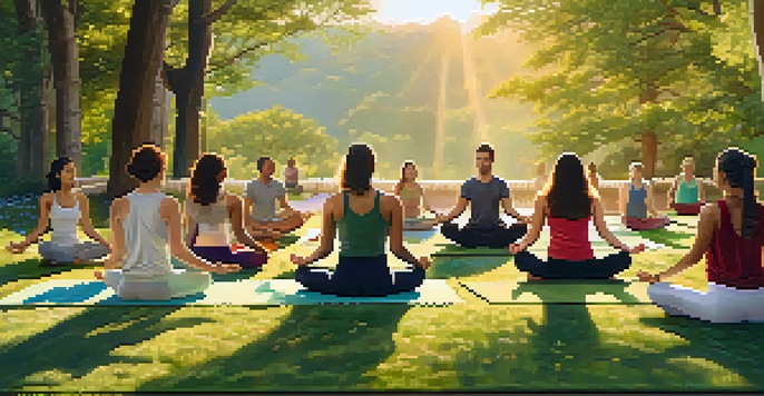 A diverse group of people practicing yoga outdoors at sunrise, surrounded by trees and wildflowers.
