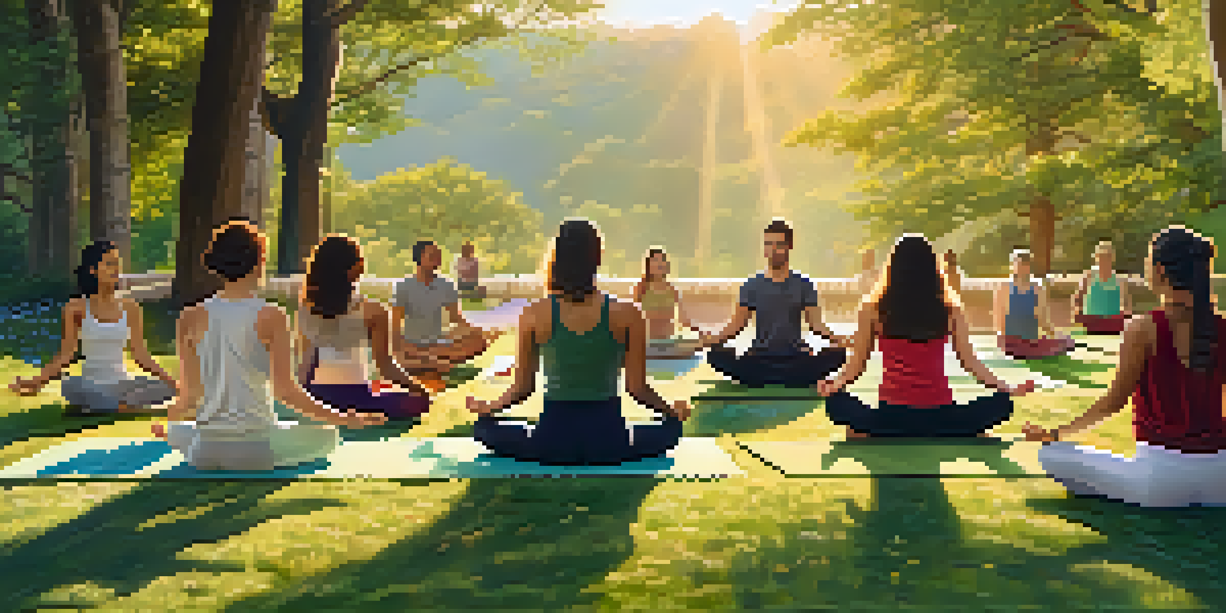 A diverse group of people practicing yoga outdoors at sunrise, surrounded by trees and wildflowers.