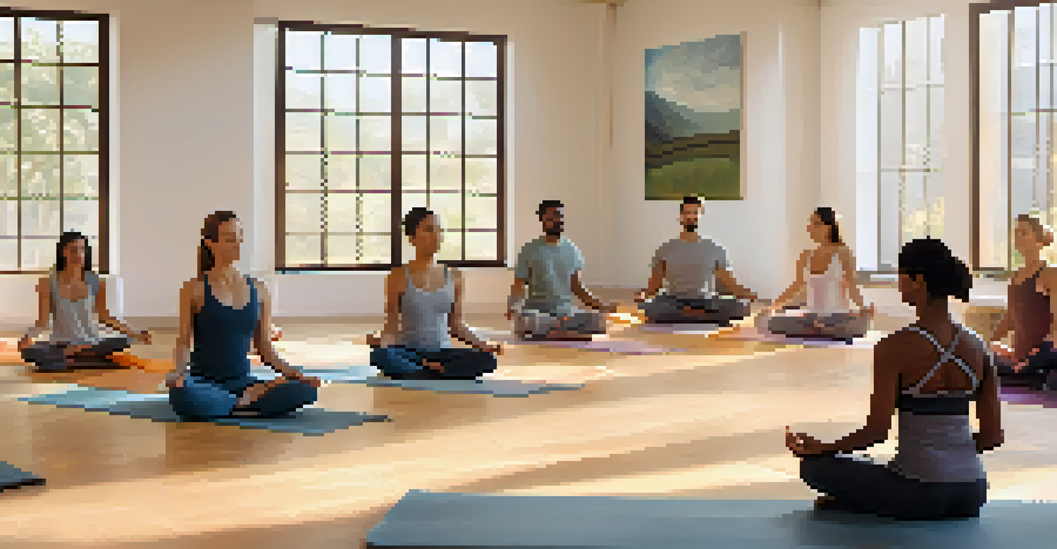 An instructor leading a mindfulness exercise in a yoga class, with participants engaged in deep breathing in a peaceful studio.