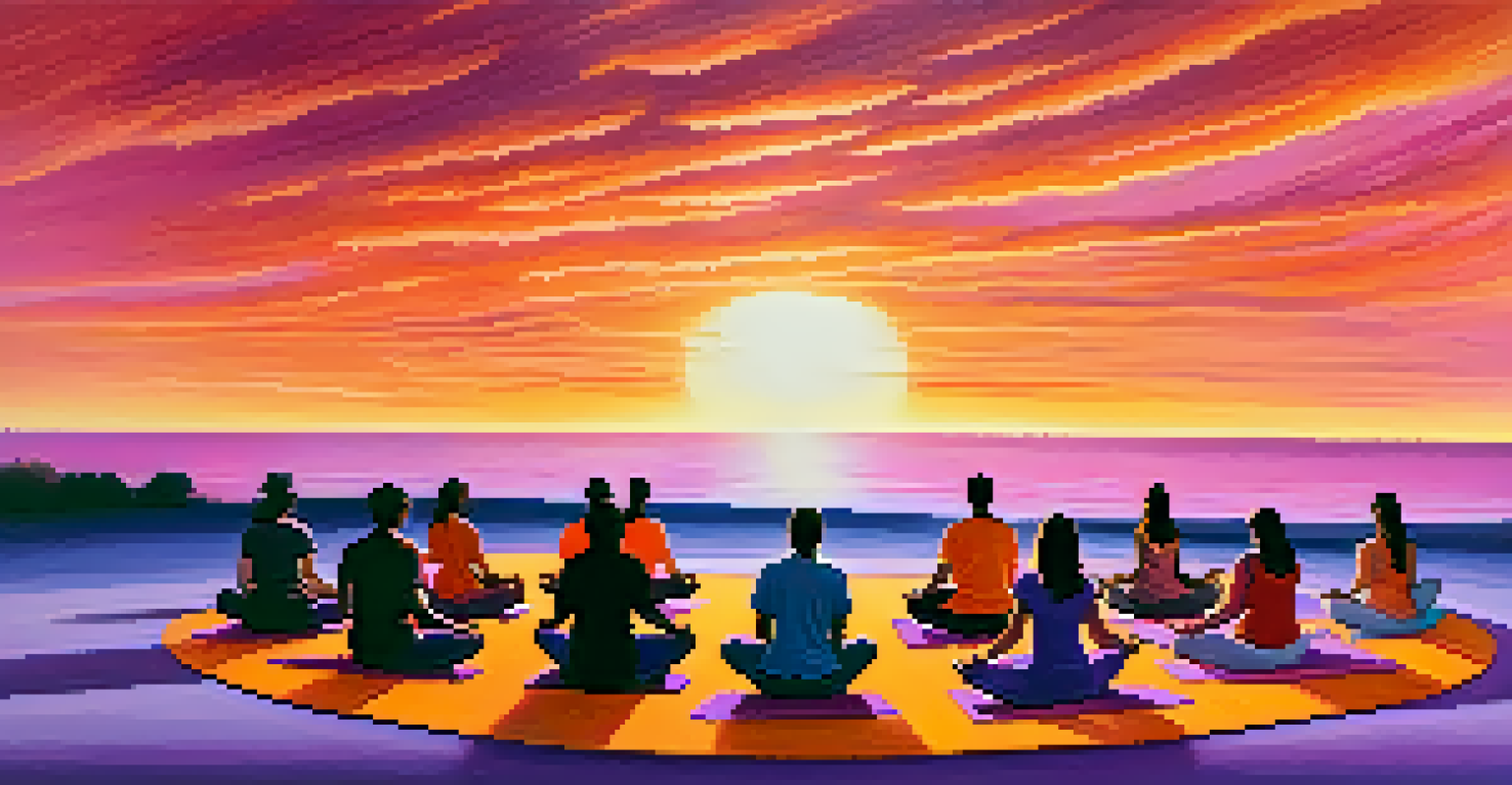 A group of diverse individuals meditating during an outdoor yoga session at sunset, with vibrant sky colors and sound waves from a singing bowl.