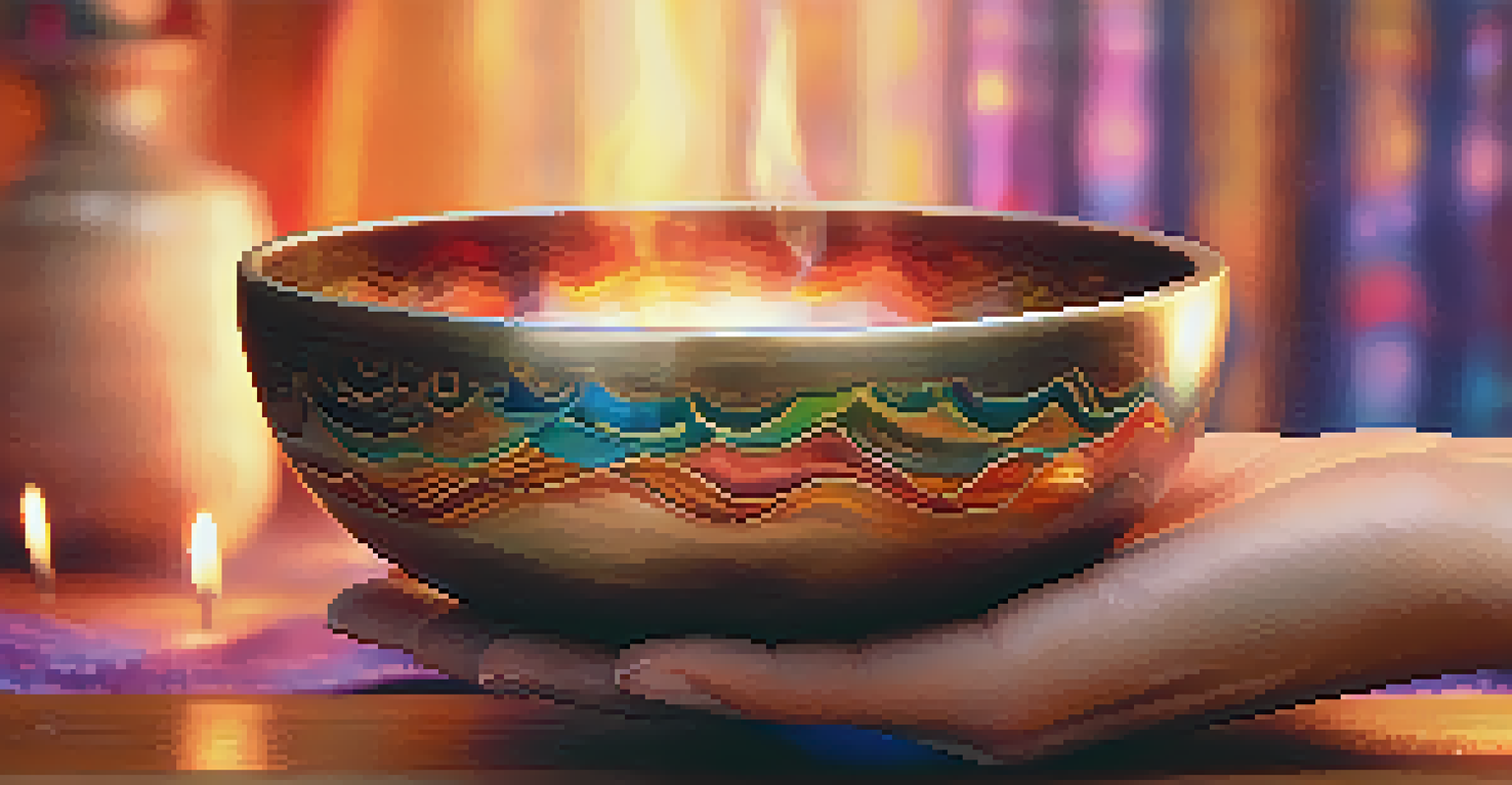 A hand holding a singing bowl surrounded by essential oils in a calming room.