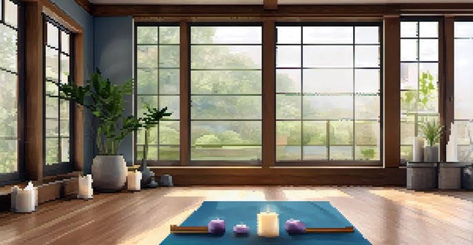 A peaceful yoga studio with natural light, wooden floor, and a yoga mat surrounded by candles and plants.