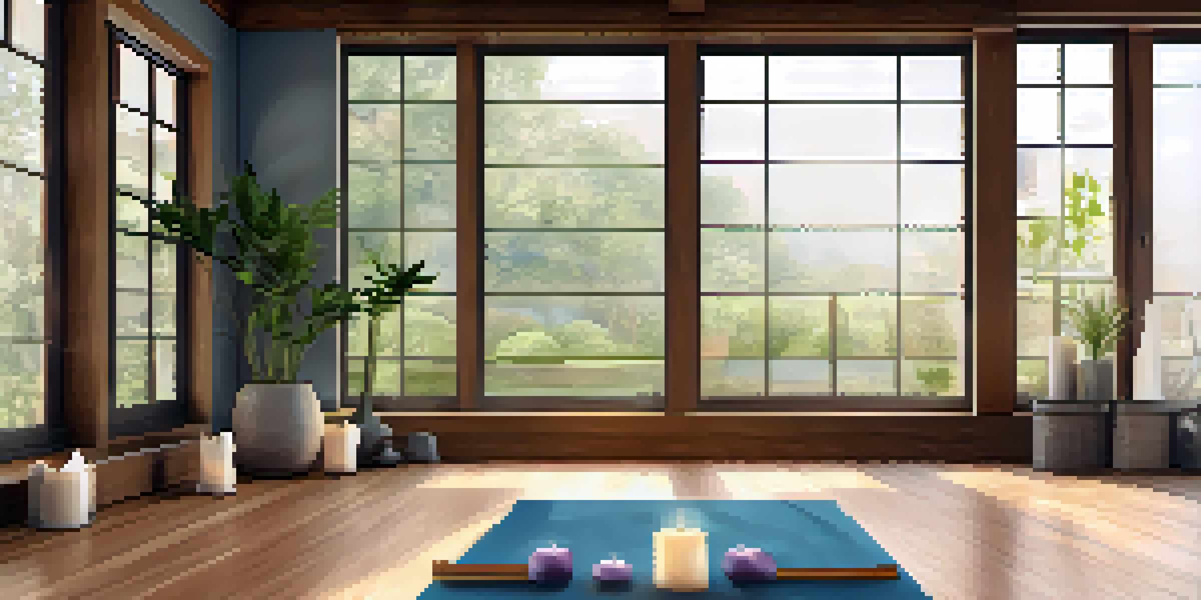 A peaceful yoga studio with natural light, wooden floor, and a yoga mat surrounded by candles and plants.