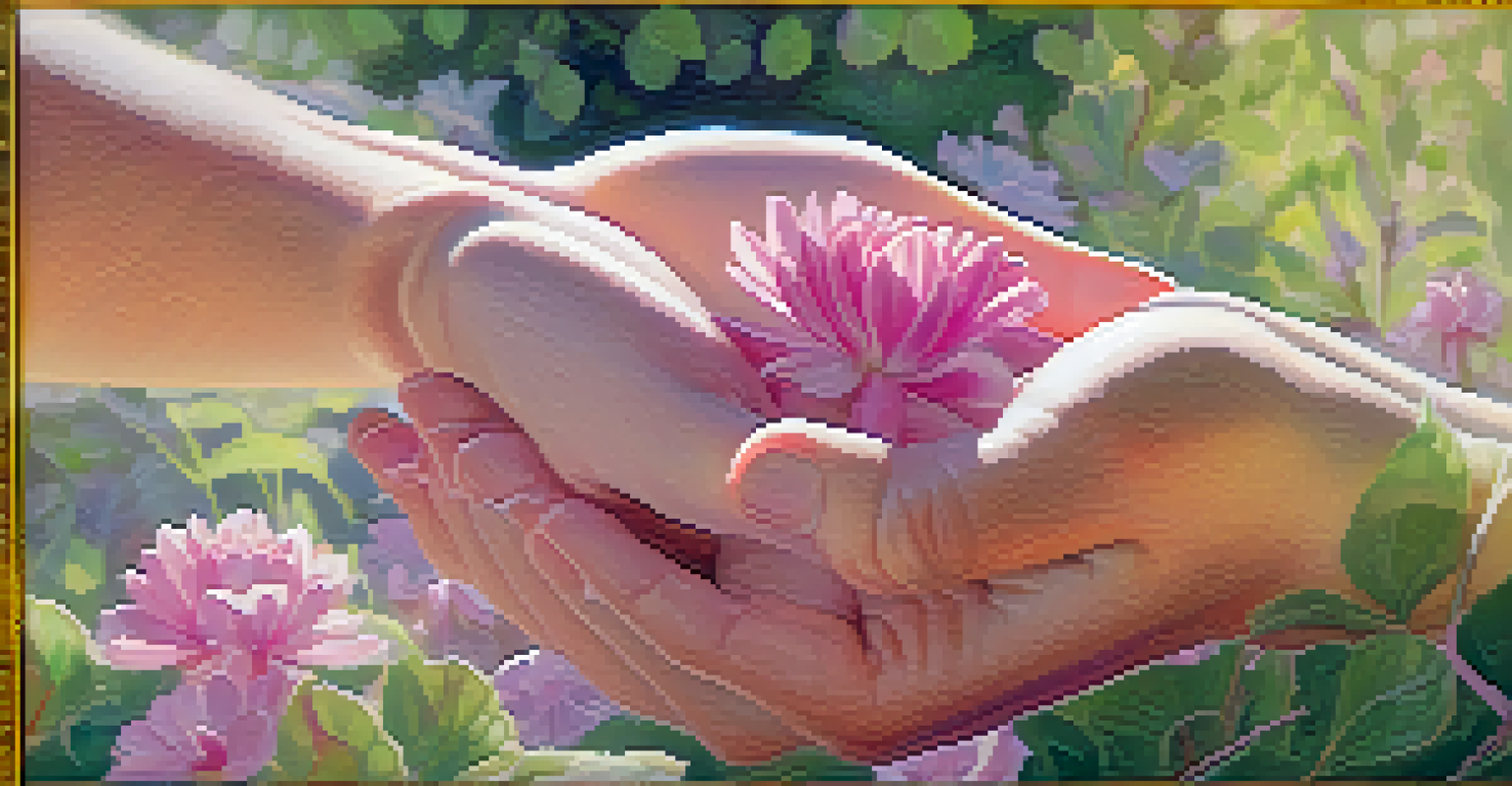 Close-up of hands in a meditative pose with a blurred garden background, signifying tranquility and mindfulness.