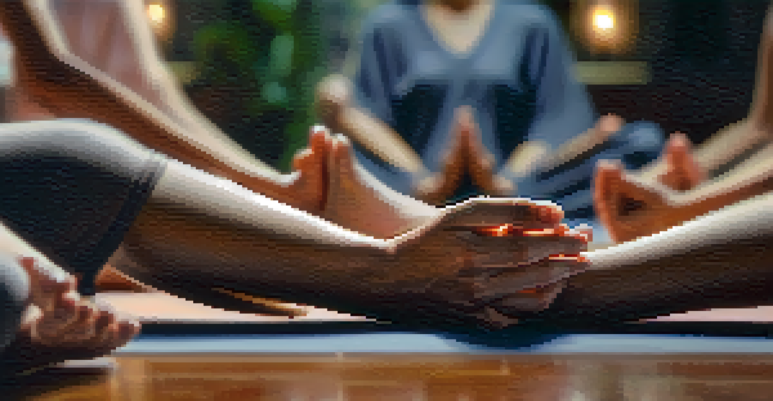 Close-up of hands in a yoga mudra on a textured mat, with blurred figures practicing yoga in the background.