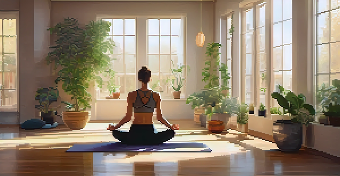 A person performing yoga in a peaceful studio filled with greenery and soft sunlight, emphasizing tranquility and mindfulness.