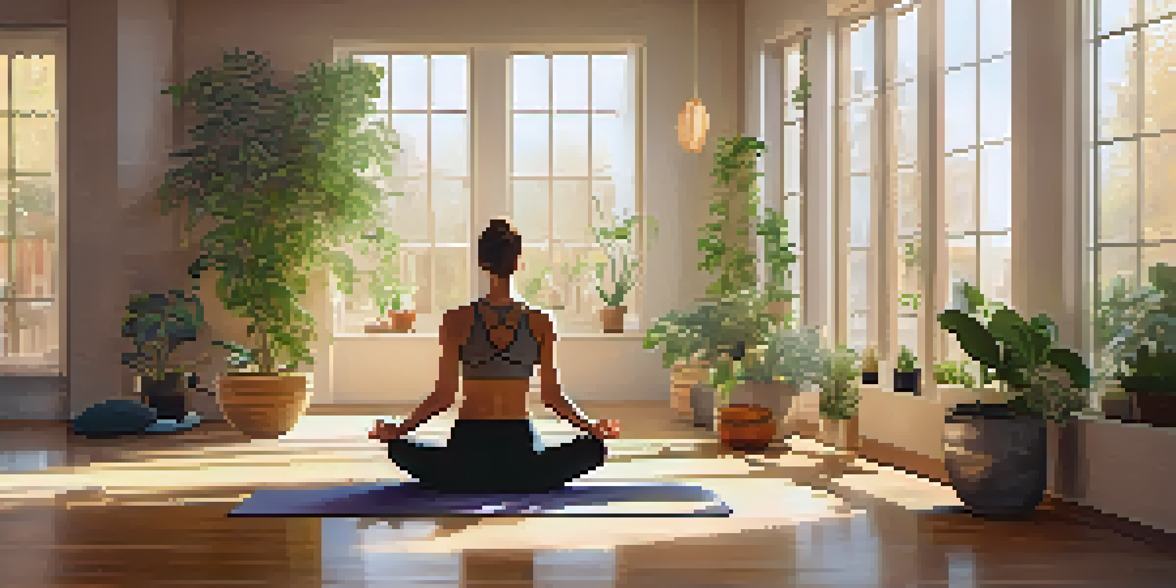 A person performing yoga in a peaceful studio filled with greenery and soft sunlight, emphasizing tranquility and mindfulness.