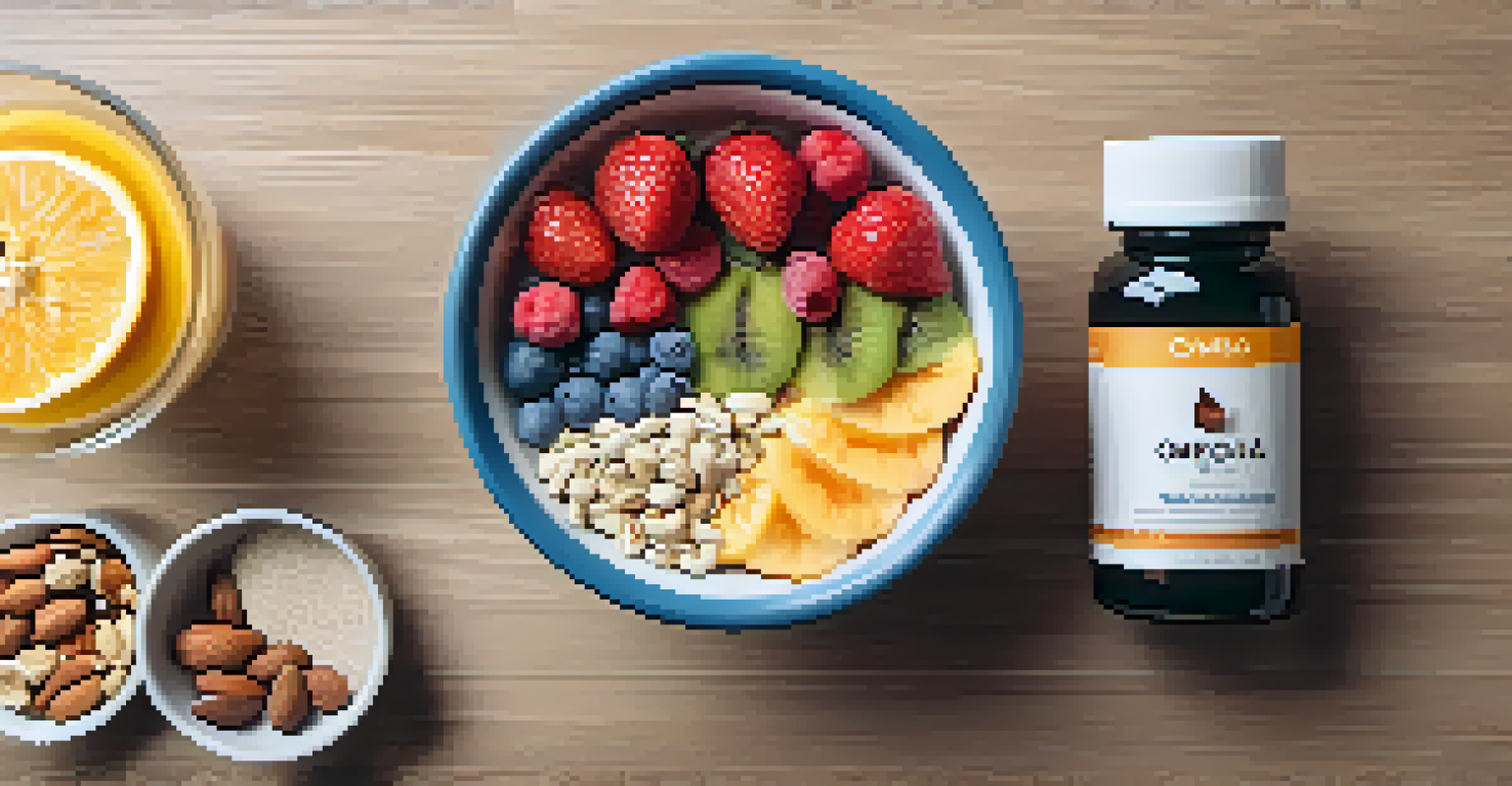 A table displaying various nutritional supplements next to a vibrant smoothie bowl and yoga mat.