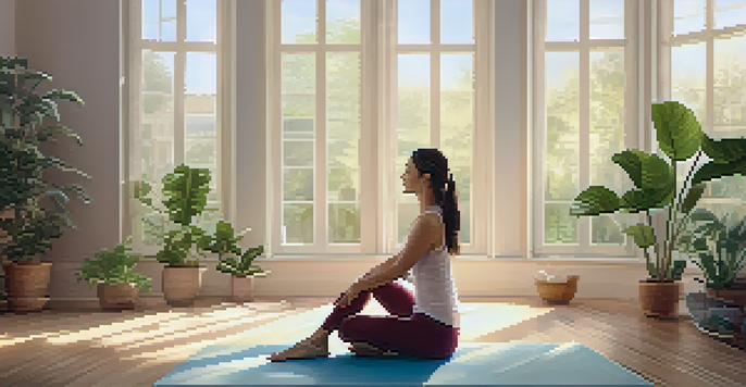 A person practicing yoga in a bright, sunlit room with large windows and indoor plants.