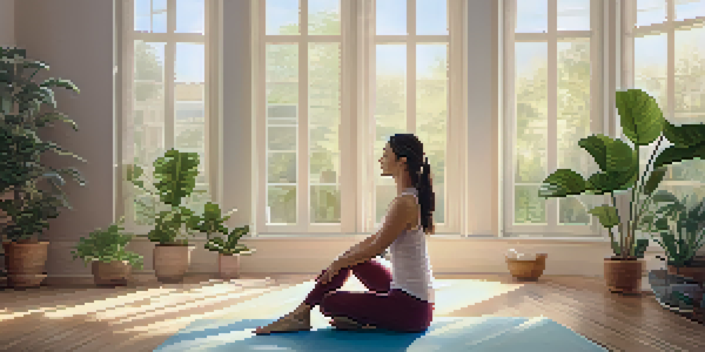 A person practicing yoga in a bright, sunlit room with large windows and indoor plants.