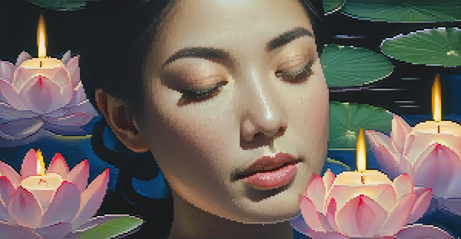 A close-up of a woman meditating with lotus flowers and candles around her.