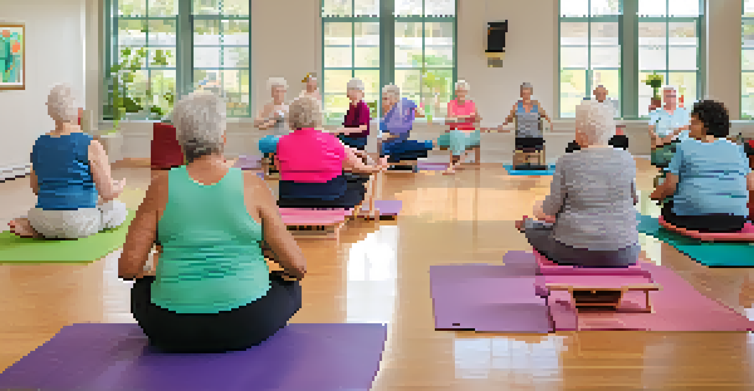 A group of older adults practicing chair yoga in a bright community center, illustrating connection and joy.