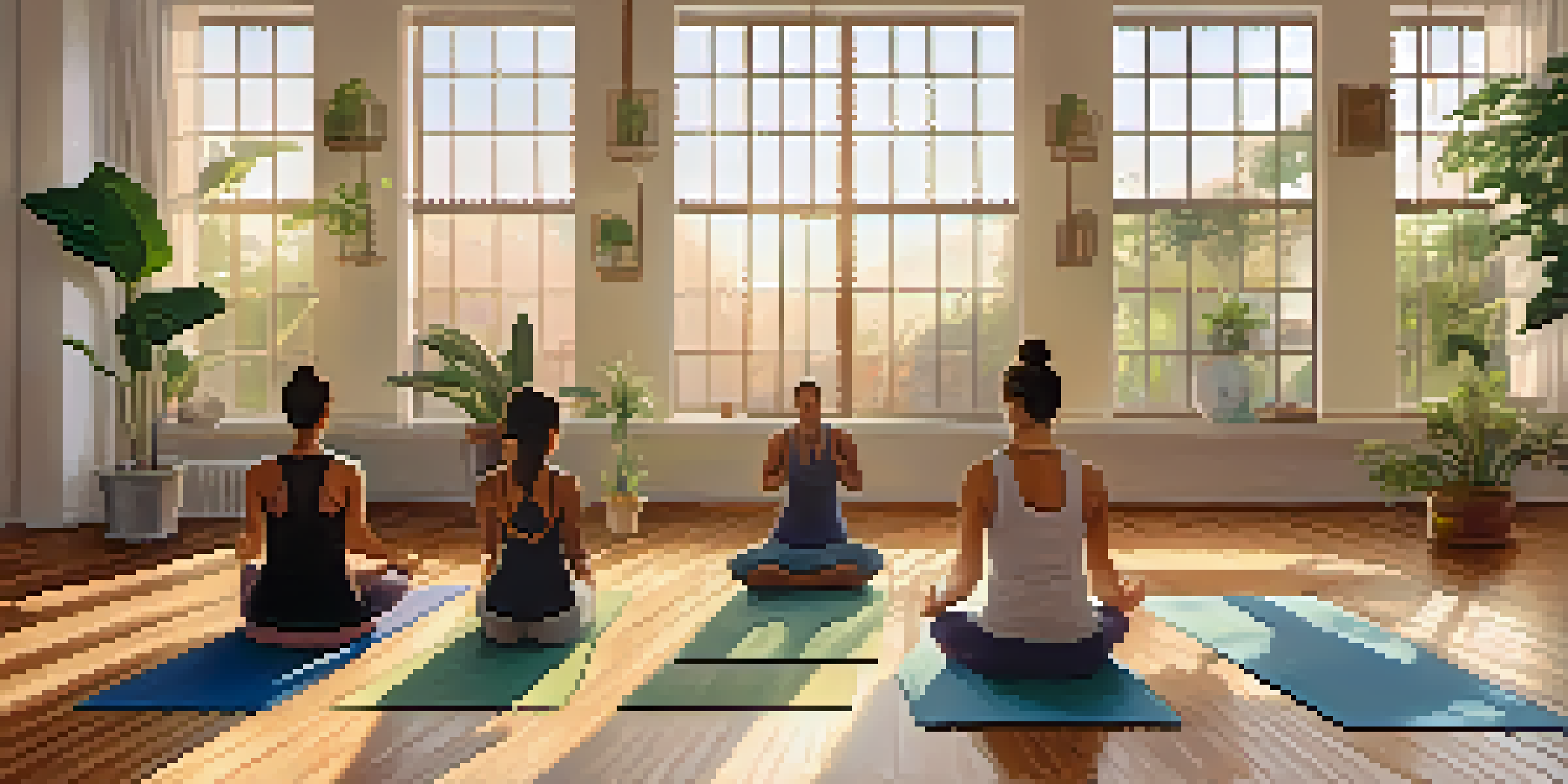 A diverse group of people practicing yoga in a peaceful studio filled with soft morning light.