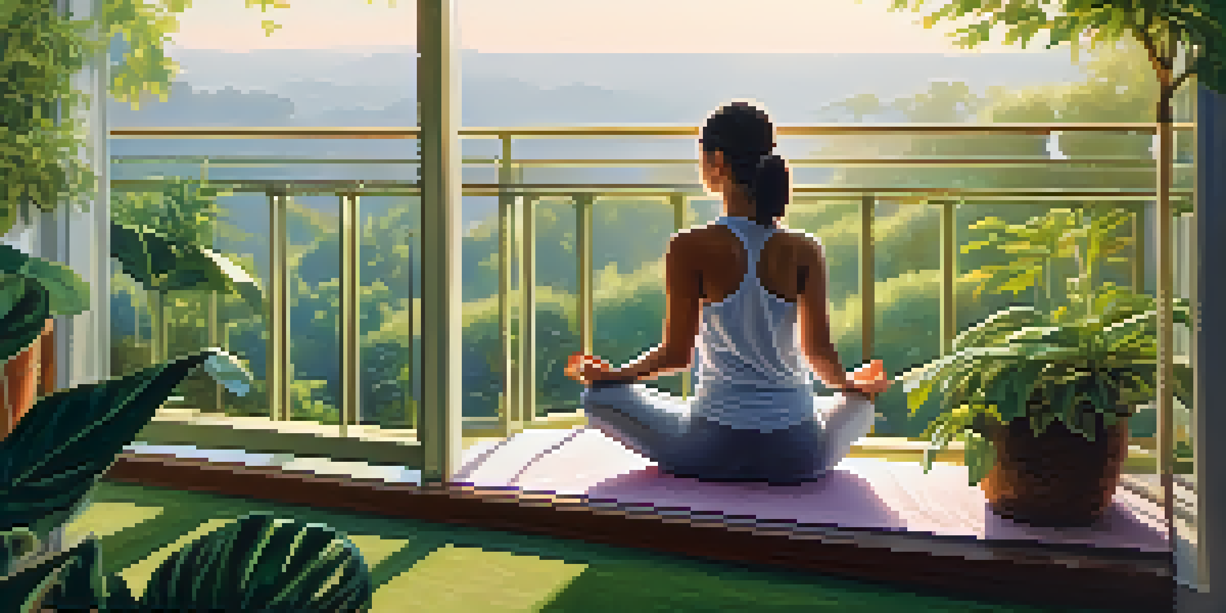 A person doing yoga on a balcony at sunrise, surrounded by green plants and soft cushions.