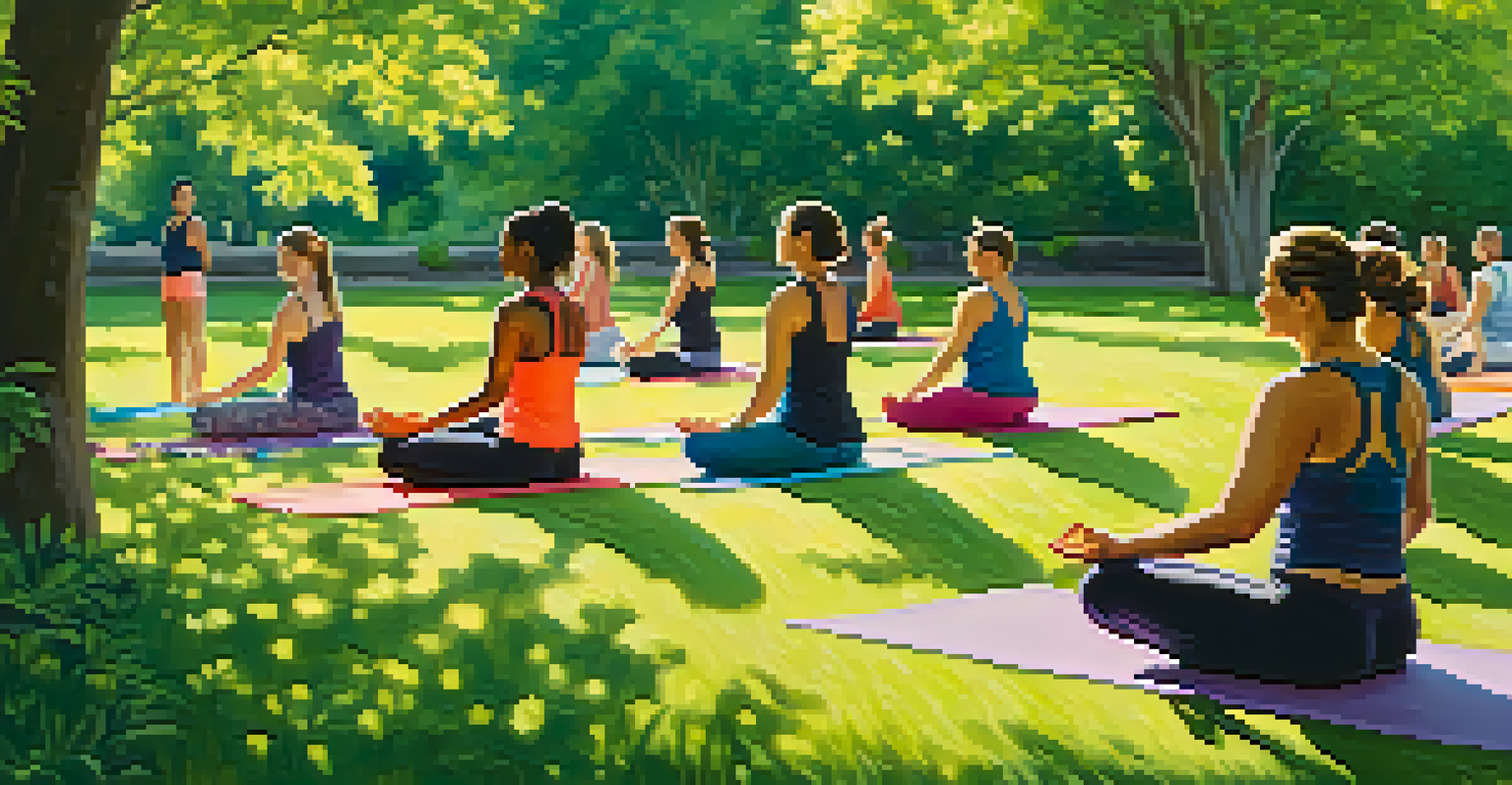 A diverse group of individuals practicing yoga in a green park, with colorful outfits and sunlight filtering through the trees.