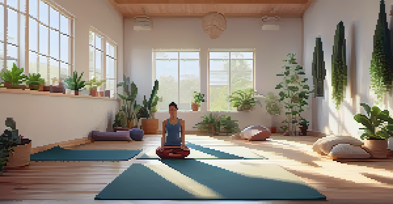 A calming yoga studio with soft natural light, featuring an individual practicing restorative yoga in a child's pose surrounded by props and plants.
