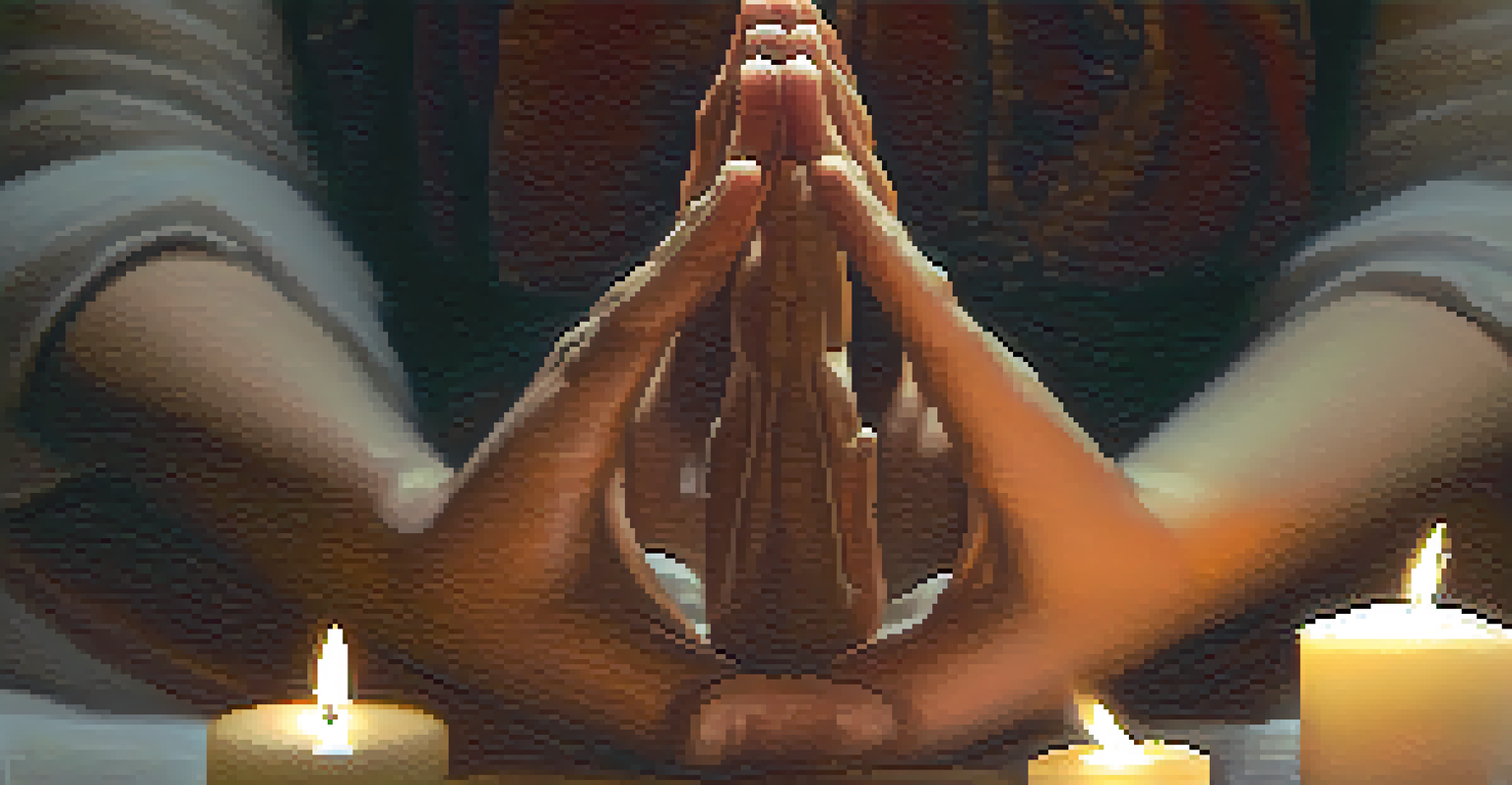 Close-up of hands in a mudra position in a peaceful meditation space with candles and incense in the background.