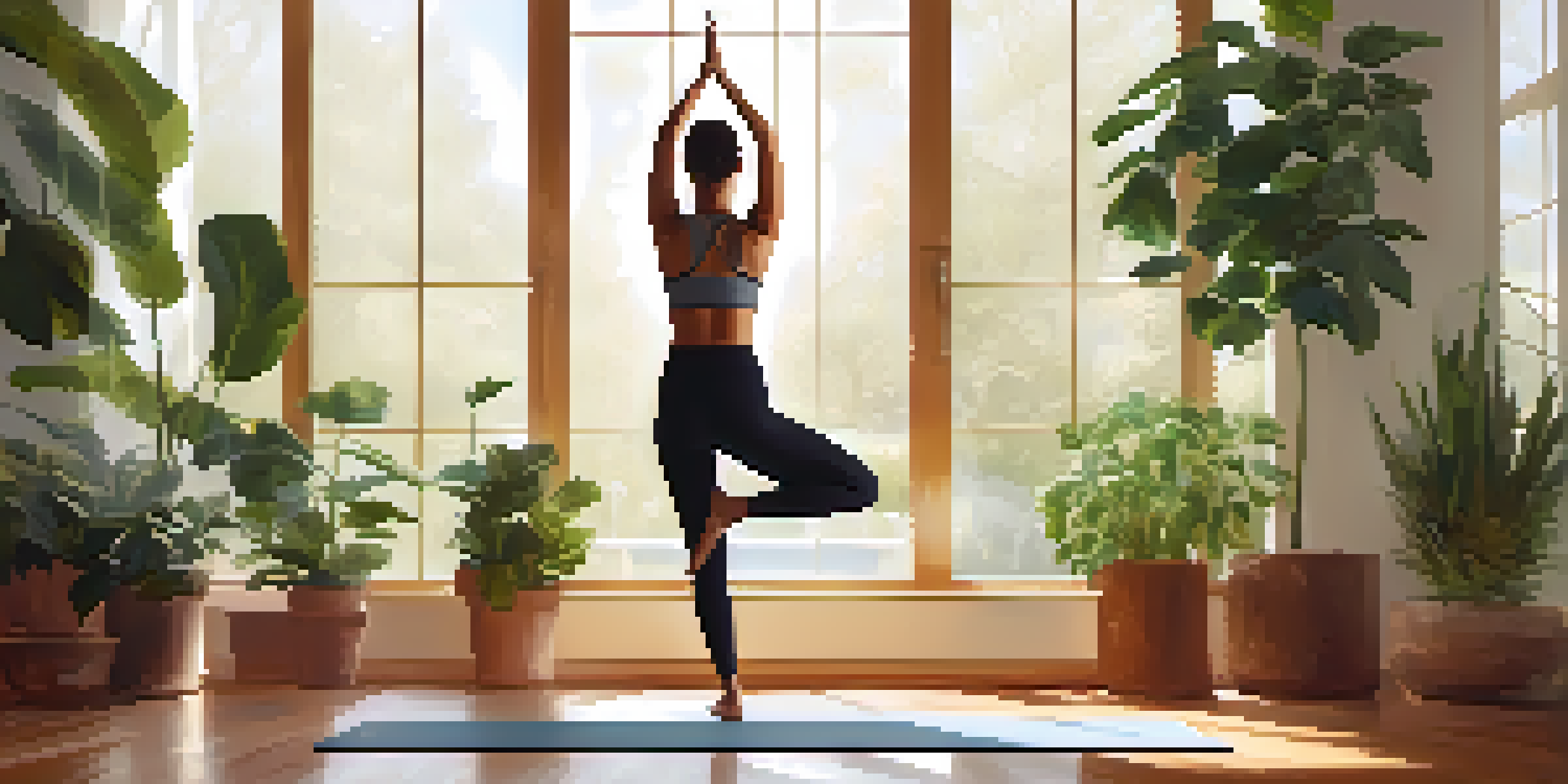 A person practicing the tree pose in a bright yoga studio filled with plants, demonstrating balance and mindfulness.