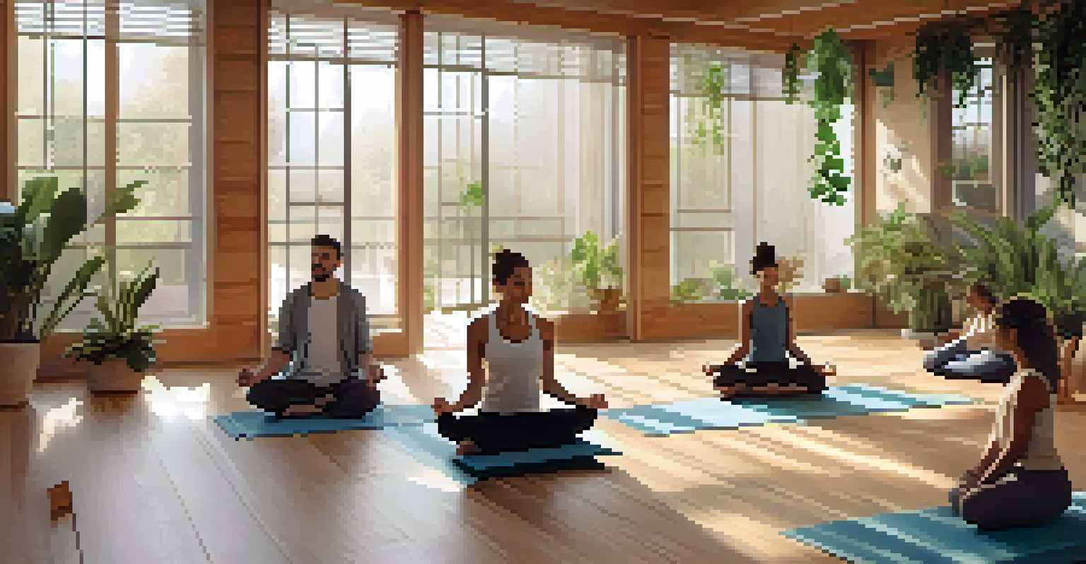 An intimate indoor yoga space with participants meditating on cushions surrounded by calming artwork and plants.