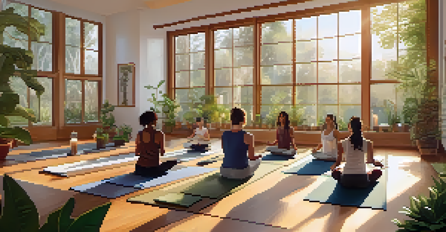 A diverse group of individuals practicing yoga in a bright and peaceful studio with large windows and plants.