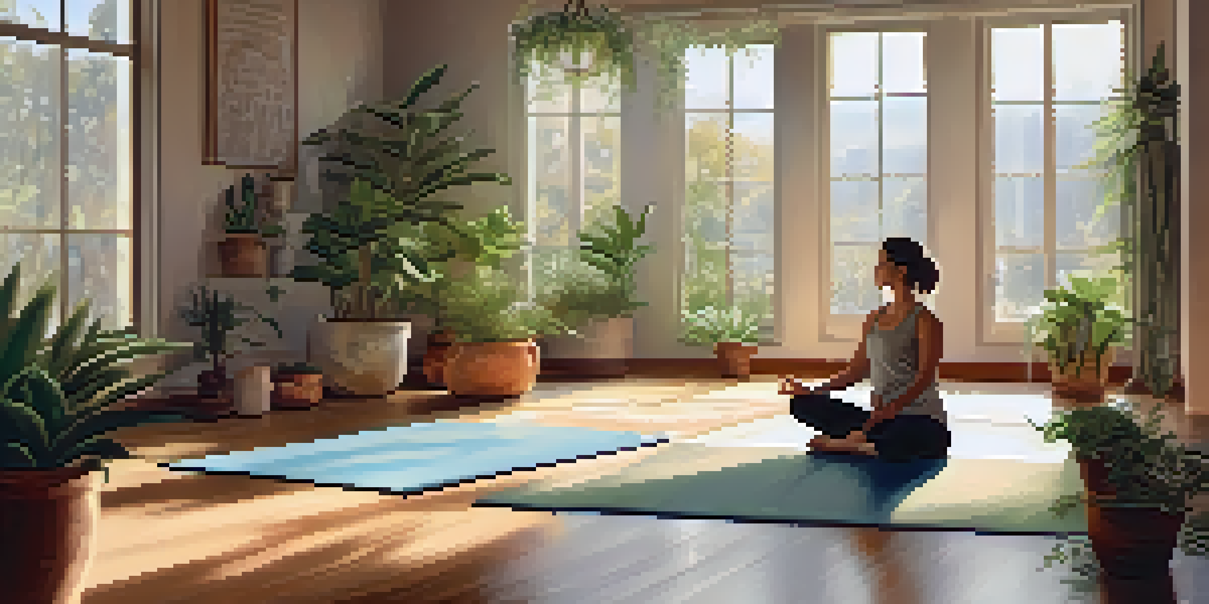 A peaceful yoga studio with a person practicing yoga on a mat, surrounded by green plants and soft natural light.