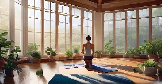 A person practicing meditative yoga in a calm indoor setting with plants and candles.