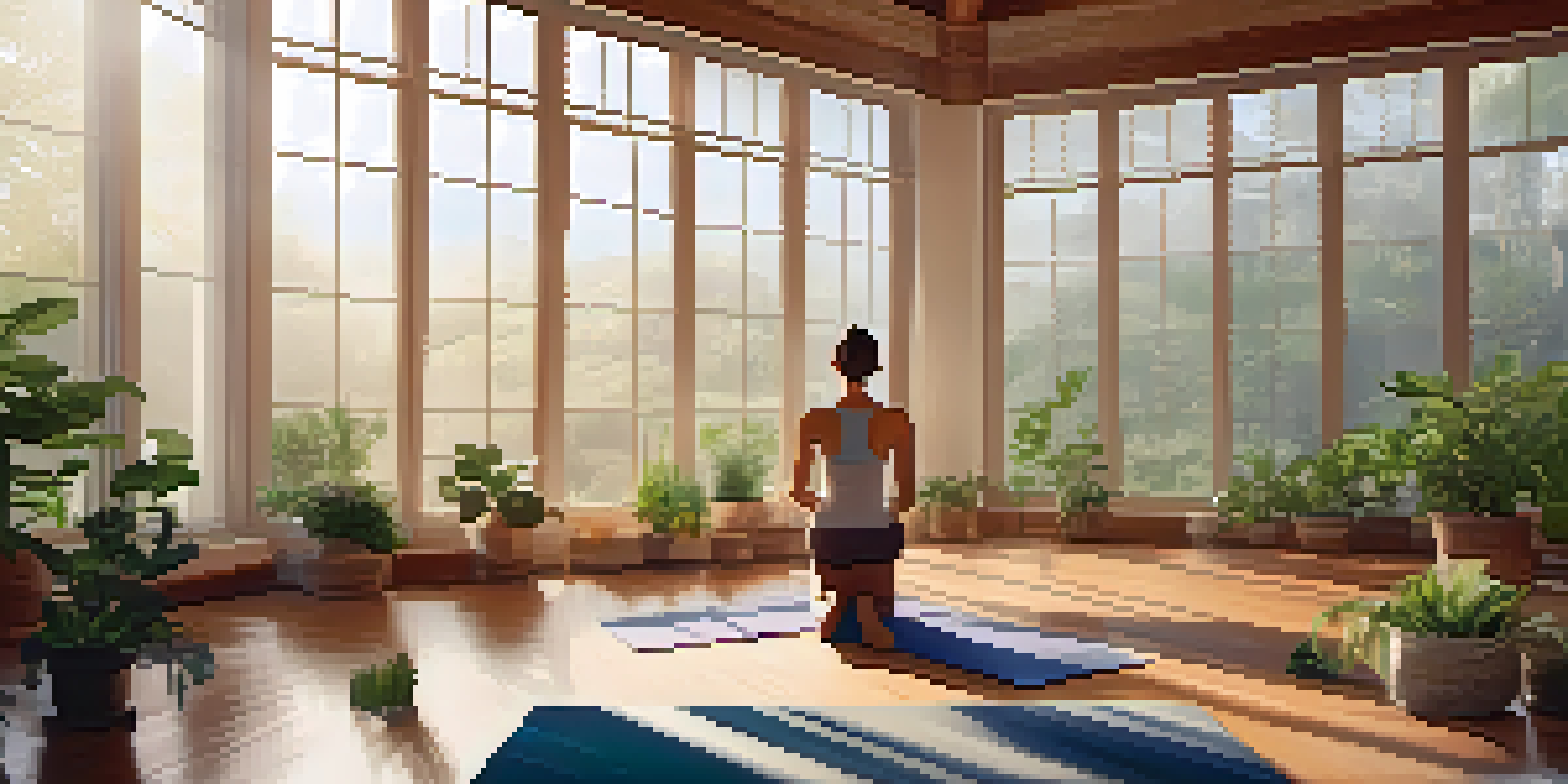 A person practicing meditative yoga in a calm indoor setting with plants and candles.