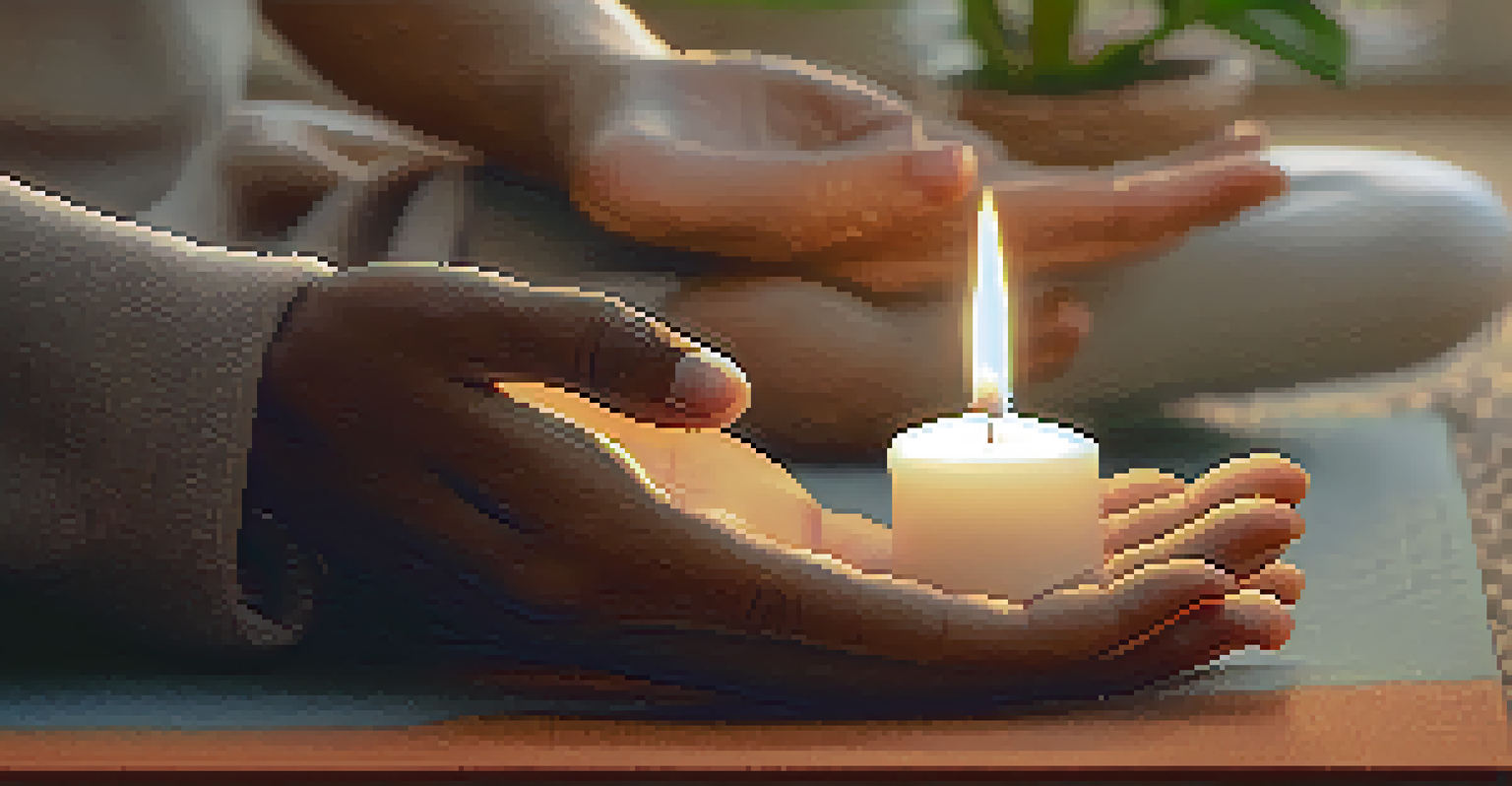 Close-up of hands in a mudra gesture on a yoga mat with a candle and plant in the background.