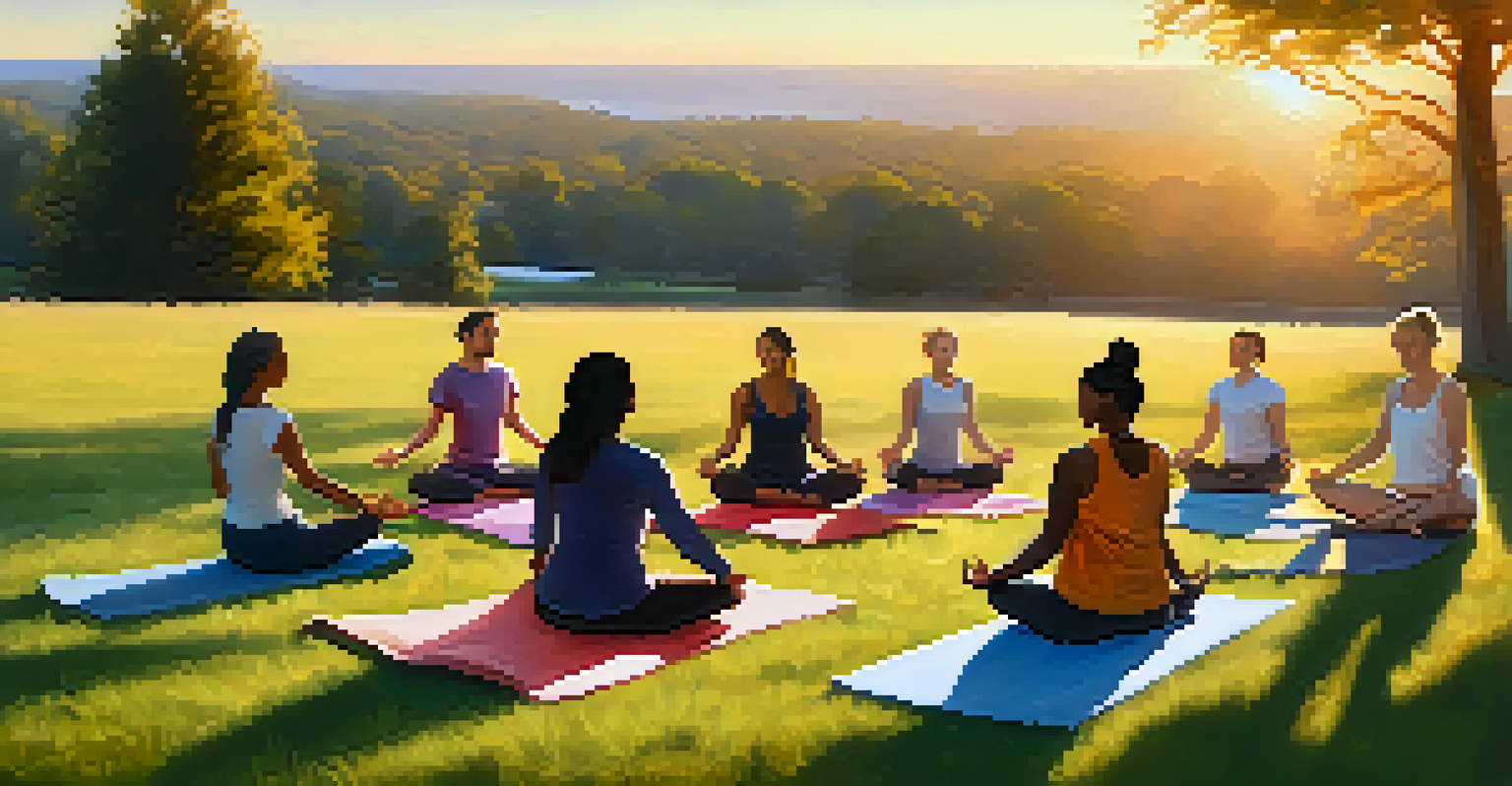 A diverse group of people participating in an outdoor yoga therapy session during sunset.