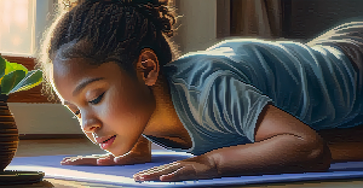 A close-up of a person in child's pose on a yoga mat, creating a peaceful atmosphere with soft lighting and essential oils.