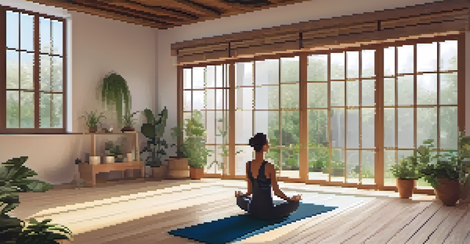 A peaceful yoga studio with a person practicing breathing techniques, surrounded by natural light and greenery.