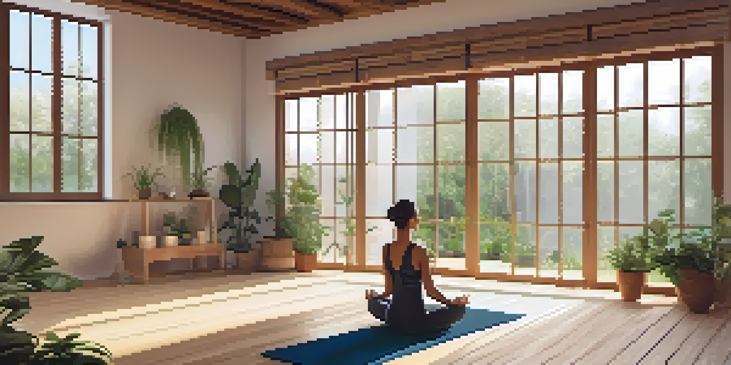 A peaceful yoga studio with a person practicing breathing techniques, surrounded by natural light and greenery.