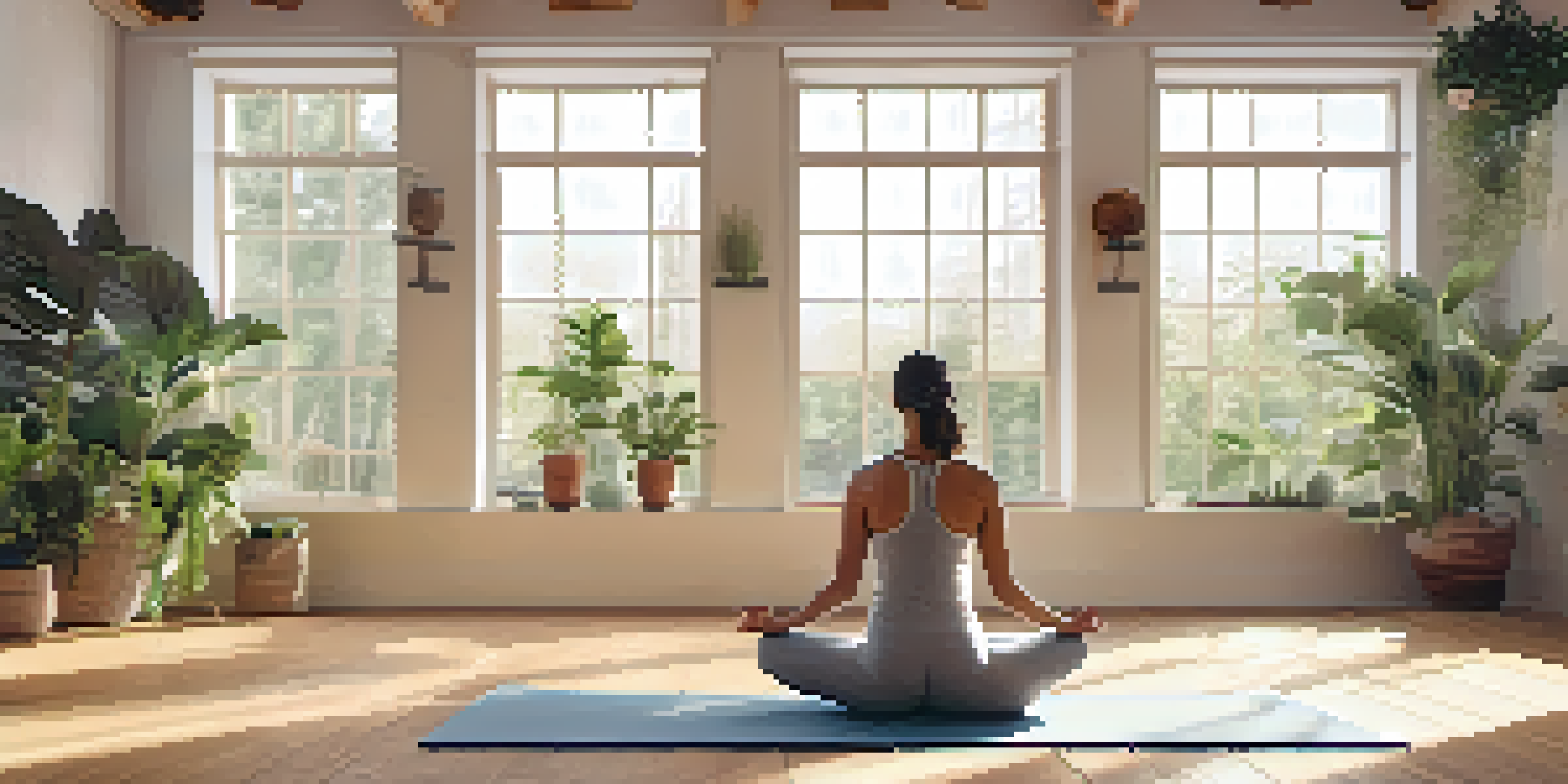 A yoga instructor performing Warrior II pose in a sunlit yoga studio surrounded by plants.
