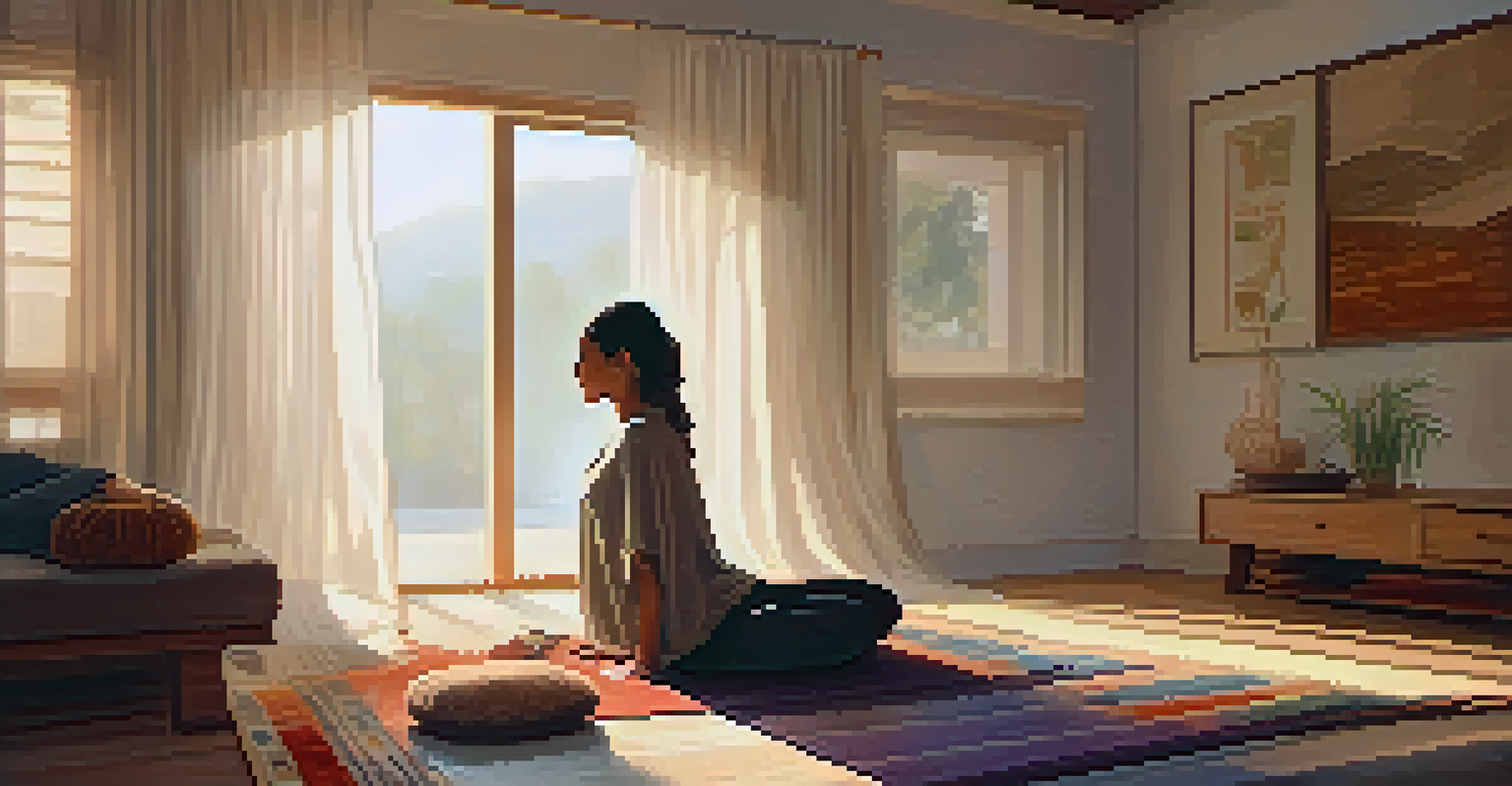 A person comfortably practicing restorative yoga in a cozy living room, using props for support, with soft lighting and warm decor.
