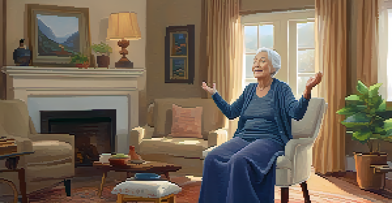 An elderly woman practicing Seated Mountain Pose on a chair in a cozy living room, with arms raised and a peaceful expression.