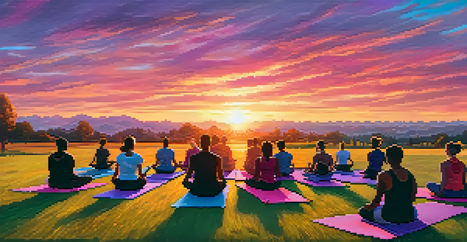 Silhouettes of people practicing yoga outdoors during a vibrant sunset, showcasing community and connection.