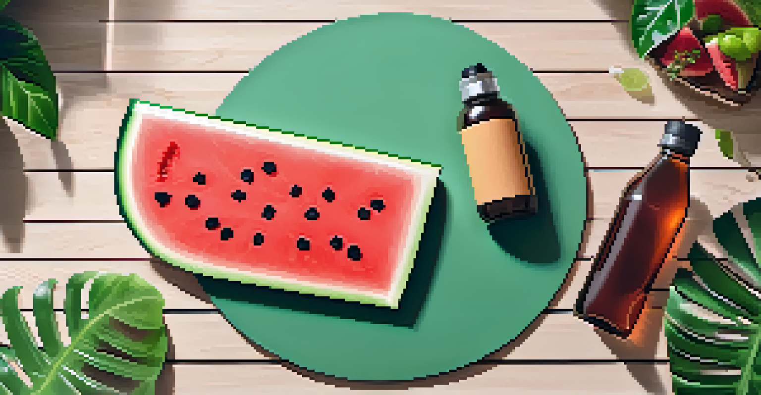 An overhead perspective of a yoga mat in a green outdoor setting, with a water bottle and a plate of watermelon slices beside it.
