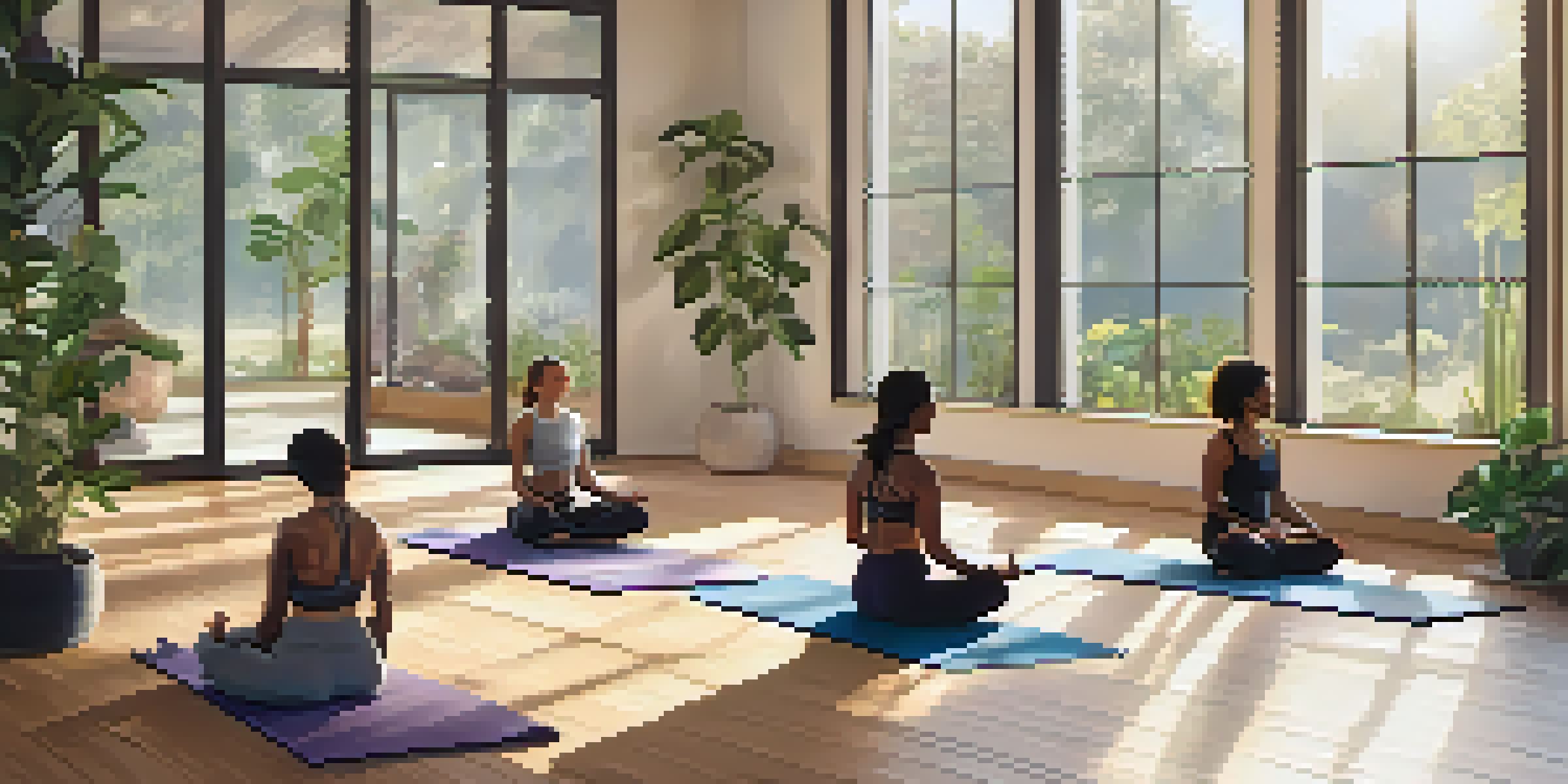 A diverse group of people practicing yoga in a bright and peaceful studio with wooden floors and plants.