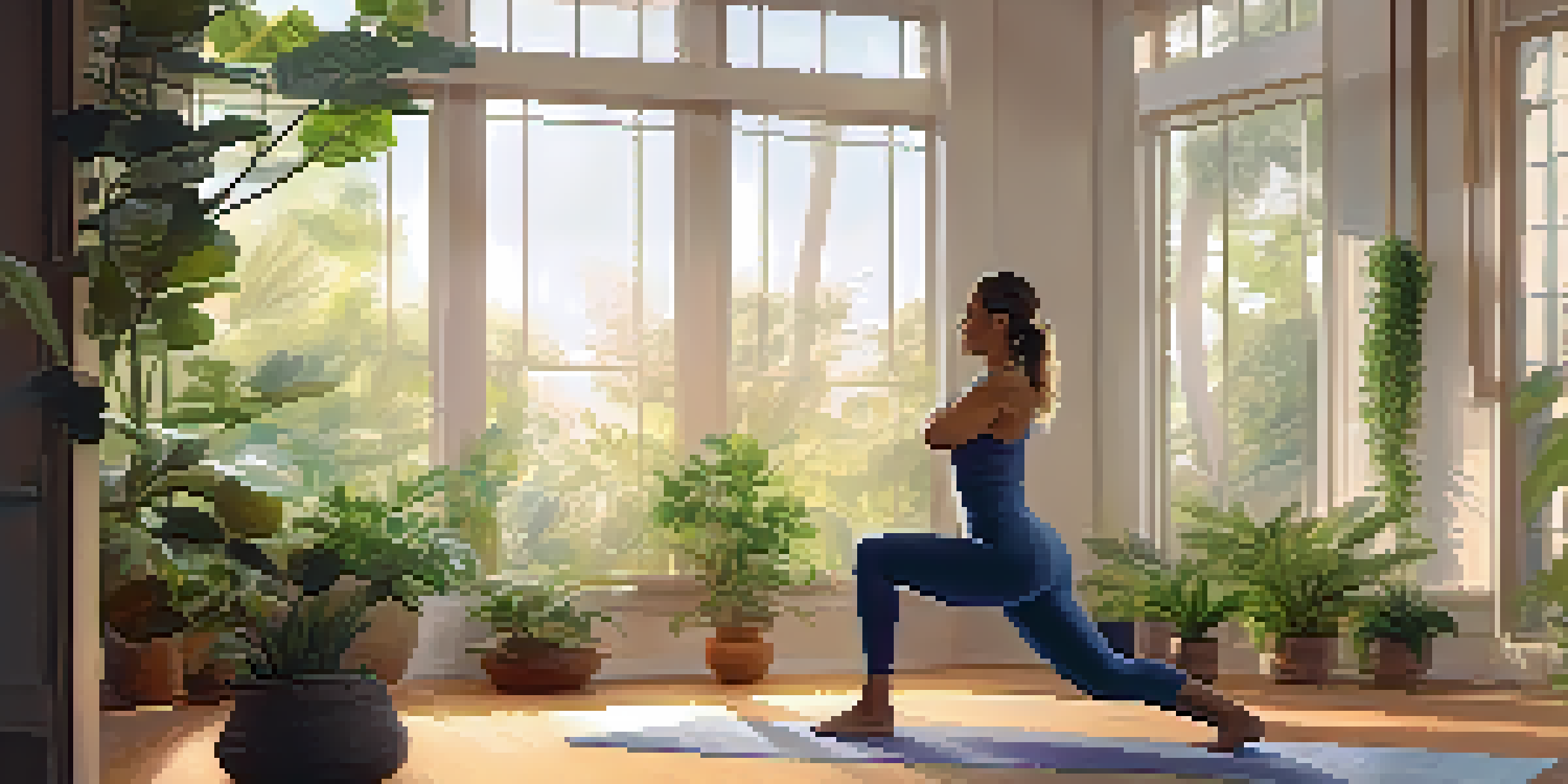 A person in Warrior II yoga pose in a sunlit studio, surrounded by plants, reflecting strength and tranquility.