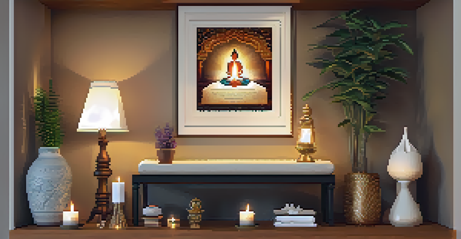 A cozy yoga corner featuring inspirational quotes, crystals, and a small altar with candles, illuminated by warm lighting.