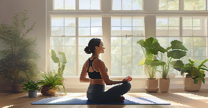 A person practicing diaphragmatic breathing in a peaceful yoga studio filled with sunlight and plants.