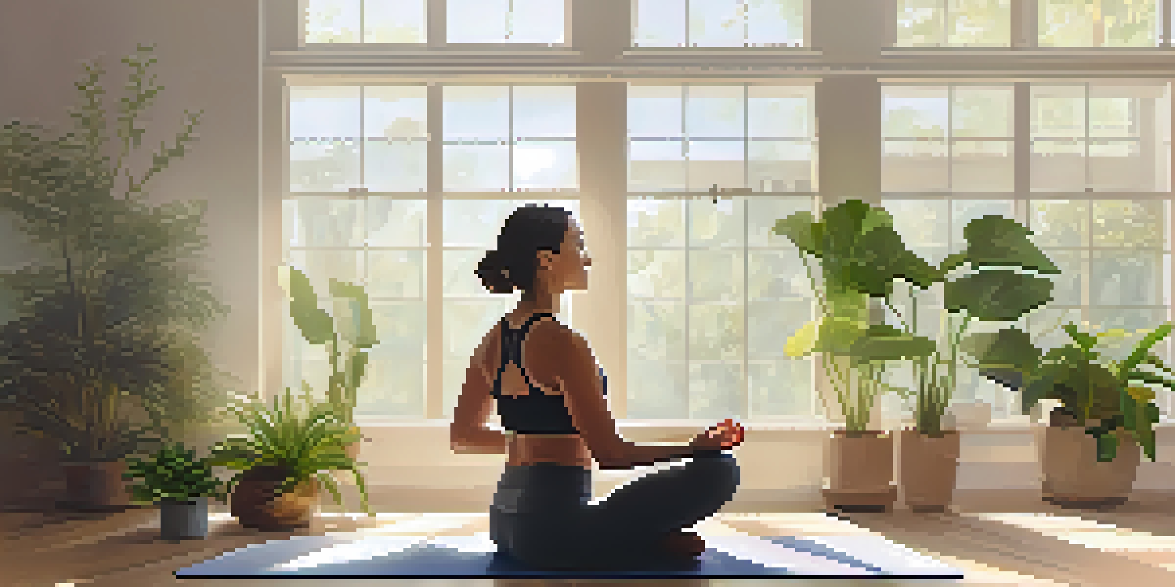 A person practicing diaphragmatic breathing in a peaceful yoga studio filled with sunlight and plants.