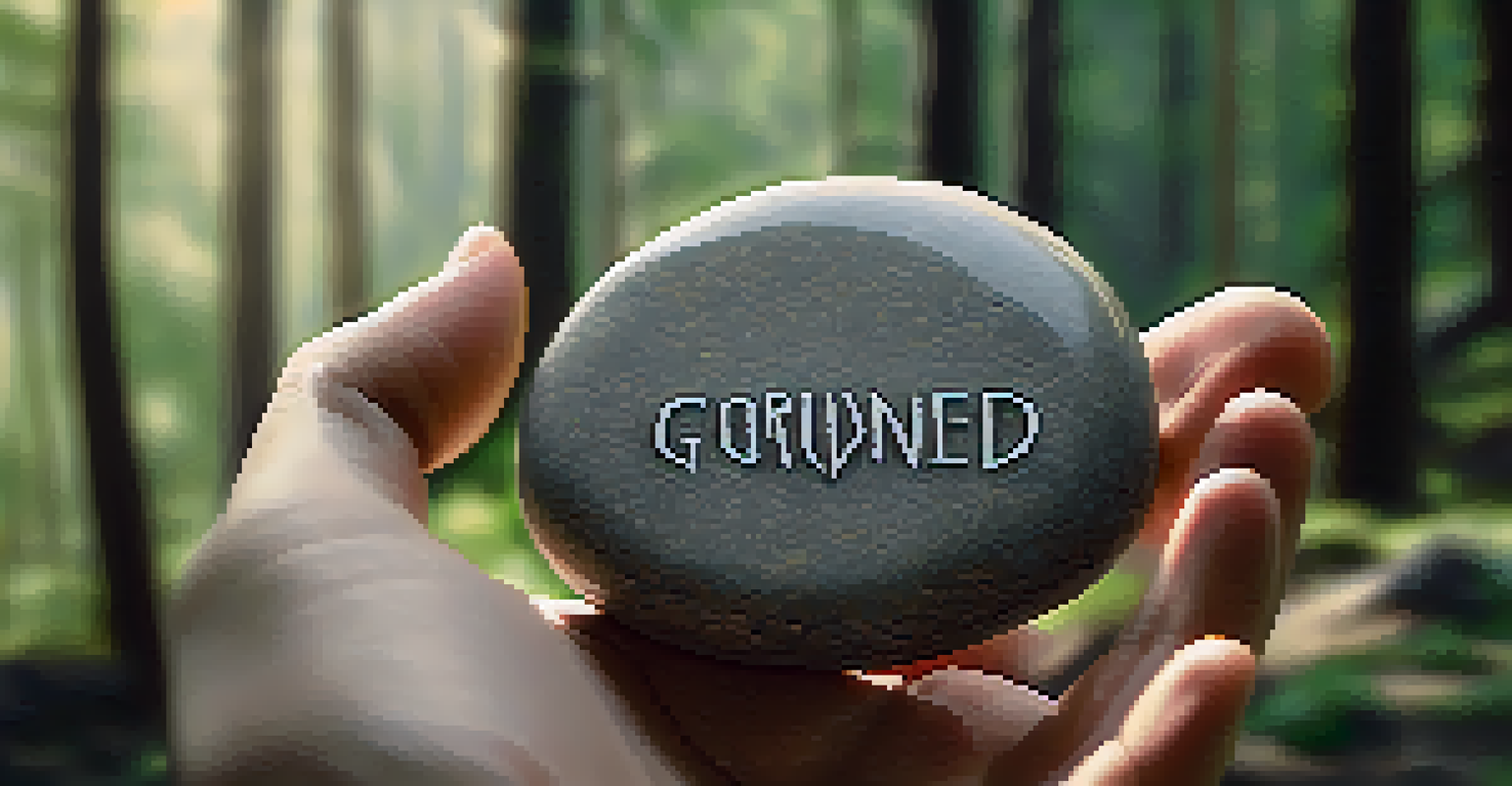 A hand holding a stone with the word 'Grounded' inscribed on it, set against a blurred forest background.