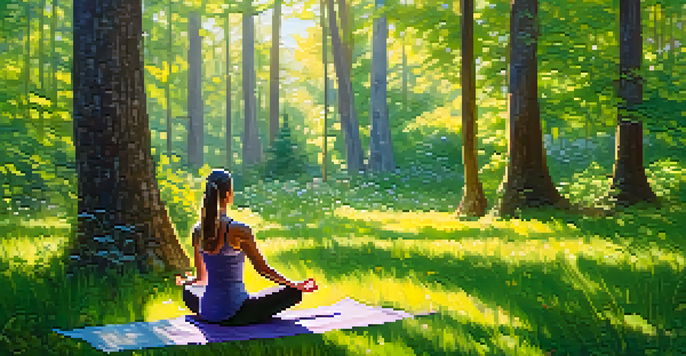 A person practicing yoga in a peaceful forest setting, surrounded by trees and flowers, with sunlight streaming through the leaves.